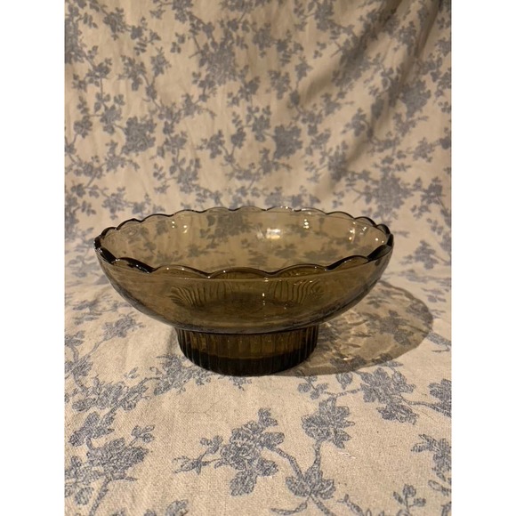 EO Brody Co Smoky Brown Pressed Glass Pedestal Bowl and Thumbprint Vase - Picture 7 of 10